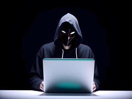 anonimo pirata con il computer portatile. concetto di pirateria sicurezza informatica, crimine informatico, attacco informatico, eccetera. ai generato Immagine foto
