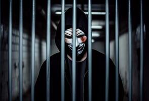 anonimo pirata dietro a barre. arrestato nel prigione. pena dovuto per crimine informatico. ai generato foto