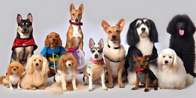 diverso tipi e dimensioni di cani gruppo con vestiario. ai generato. foto