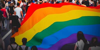 orgoglio parata persone e grande arcobaleno bandiera. LGBTQ orgoglio. ai generato foto