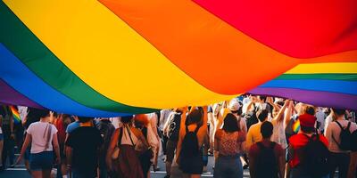 orgoglio parata persone e grande arcobaleno bandiera. LGBTQ orgoglio. ai generato foto