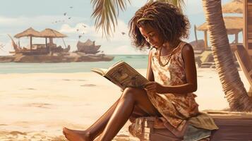 giovane africano ragazza legge libro su il spiaggia. illustrazione ai generativo foto