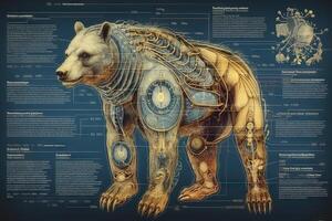 orso cyborg animale dettagliato infografica, pieno dettagli anatomia manifesto diagramma illustrazione generativo ai foto