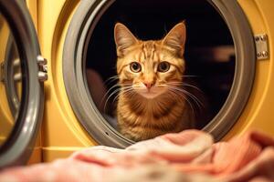 un' gatto felino investigatore di nome barba zampe indaga un' Astuccio di scomparsa calzini, nel il lavanderia camera illustrazione generativo ai foto