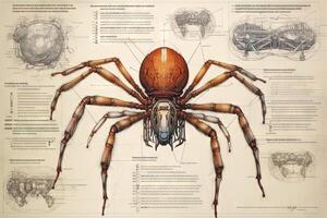 salto ragno cyborg animale dettagliato infografica, pieno dettagli anatomia manifesto diagramma illustrazione generativo ai foto