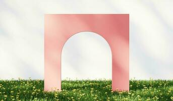3d interpretazione erba campo con astratto rosa arco parete sfondo foto