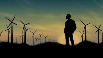 un' uomo sta nel davanti di un' vento azienda agricola a tramonto, Salvataggio il terra eco mondo, avendo un' verde pianeta. generativo ai foto