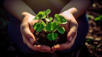 mani Tenere un' piccolo verde pianta, eco mondo per Salva il terra. generativo ai foto