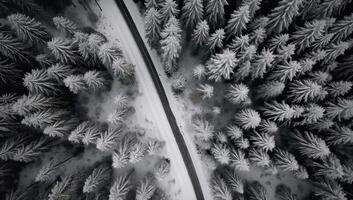 aereo Visualizza su il strada e foresta a il inverno volta. naturale inverno paesaggio a partire dal aria. foresta sotto neve un' il inverno volta. generativo ai. foto