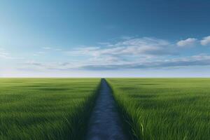 il paesaggio di erba i campi e blu cielo strada principale via in il distanza. generativo ai. foto