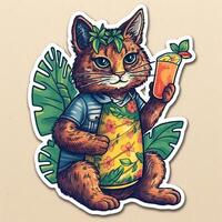 il carino gatto indossa un' Hawaii camicia e Tenere un' cocktail nel il suo mano. vettore illustrazione. generativo ai. foto