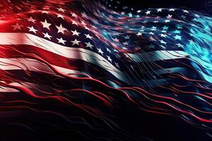 indipendenza giorno astratto sfondo con elementi di il americano bandiera nel buio blu colori. generativo ai. foto