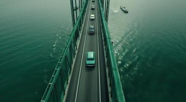 aereo superiore Visualizza fuco tiro di il ponte con macchine su ponte strada Immagine mezzi di trasporto sfondo concetto. generativo ai. foto