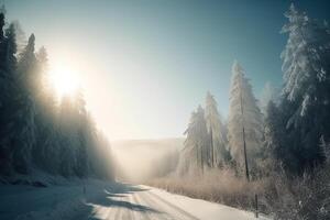 nevoso e congelato montagna strada nel inverno paesaggio. generativo ai. foto