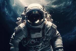astronauta su un' roccia superficie con un' spazio sfondo. un astronauta in piedi su il solitario pianeta con lui guardare inoltrare. generativo ai foto
