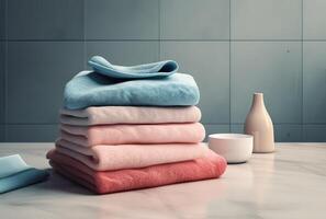 pila di asciugamani con un' sapone distributore nel un' bagno avvicinamento. generativo ai. foto