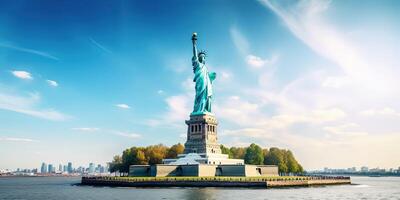 il statua di libertà gratuito di turisti e nuovo York città centro. generativo ai. foto