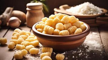 italiano cibo avvicinamento scatti di appetitoso Gnocchi con fresco formaggio su di legno tavolo. generativo ai. foto