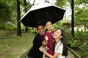 gruppo di donna amici malese Cinese indiano asiatico all'aperto parco natura sotto uno ombrello sicuro sicuro unità contento Sorridi foto