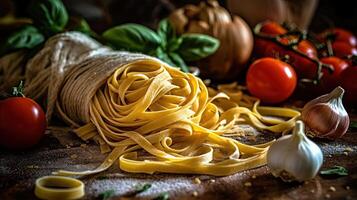 italiano cibo cucinando Immagine di fettuccine piatto ingredienti preparativi su rustico tavolo, avvicinamento Visualizza. generativo ai. foto