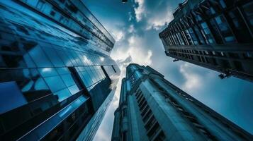 parte inferiore Visualizza di sorprendente moderno edifici contro sfondo di blu cielo. grattacielo attività commerciale quartiere orizzonte, generativo ai tecnologia. foto