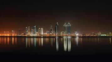 abu dhabi Emirati Arabi Uniti orizzonte riflettendo nel il acqua durante notte volta. sorprendente dubai turista destinazione, generativo ai tecnologia. foto