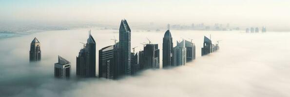 sbalorditivo foto di dubai incredibilmente alto grattacieli emergente a partire dal di spessore strato di nebbia. generativo ai tecnologia.