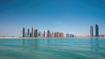 panoramico Visualizza di abu dhabi Emirati Arabi Uniti orizzonte e mare spiaggia nel estate giorno. sorprendente turista destinazione, generativo ai tecnologia. foto