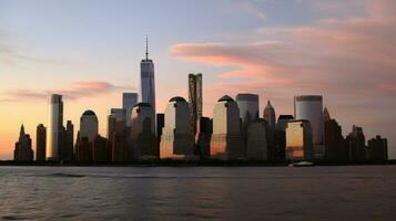 nuovo York città con grattacielo edifici nel davanti di oceano durante tramonto o Alba. generativo ai tecnologia. foto