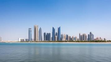 panoramico Visualizza di abu dhabi Emirati Arabi Uniti orizzonte e mare spiaggia nel estate giorno. sorprendente turista destinazione, generativo ai tecnologia. foto