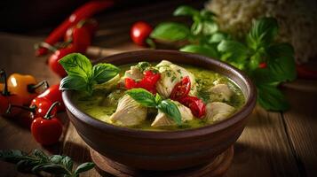 tailandese cibo fotografia di pollo verde curry nel bambù o ceramica ciotola, verdura ingredienti su di legno tavolo. generativo ai tecnologia. foto