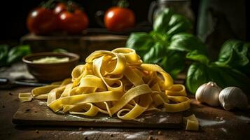 italiano cibo cucinando Immagine di fettuccine piatto ingredienti preparativi su rustico tavolo, avvicinamento Visualizza. generativo ai. foto