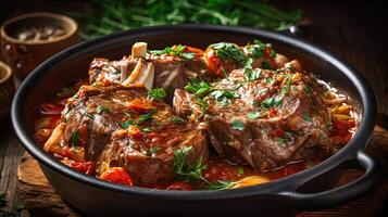 italiano cibo avvicinamento Immagine di fresco pomodoro e prezzemolo contorno osso buco piatto quercia su di legno sfondo per carne amante. generativo ai. foto