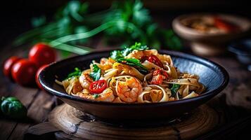 tailandese cibo fotografia di delizioso ubriaco tagliatelle tampone kee mao su di legno tavolo. generativo ai tecnologia. foto