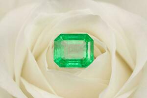Smeraldo pietra preziosa su bianca rosa petali foto