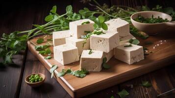 tofu blocchi su un' taglio tavola con erbe aromatiche foto