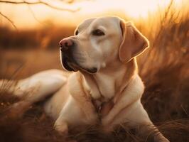 crogiolarsi nel il d'oro tramonto con un' labrador cane da riporto foto