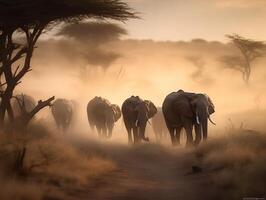 un' famiglia di elefanti attraversamento il serengeti foto