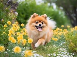 il giocoso volpino nel un' giardino foto