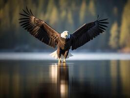 il maestoso volo di il Calvo aquila al di sopra di lago foto