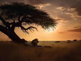 leoni sonno tranquillo, calmo riposo sotto il serengeti cielo foto