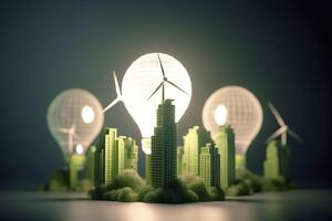 energia consumo e co2 gas emissioni siamo crescente leggero bulbi con verde eco città, rinnovabile energia di 2050 carbonio neutro energia, Salva energia creativo idea concetto, generativo ai. foto