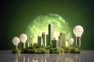 energia consumo e co2 gas emissioni siamo crescente leggero bulbi con verde eco città, rinnovabile energia di 2050 carbonio neutro energia, Salva energia creativo idea concetto, generativo ai. foto