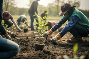 persone piantare alberi o Lavorando nel Comunità giardino promozione Locale cibo produzione e habitat restauro, concetto di sostenibilità e Comunità Fidanzamento , creare ai foto