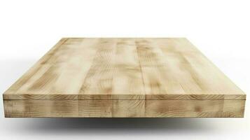 vuoto legna tavolo su isolato bianca sfondo con Schermo montaggio per Prodotto, creare ai foto