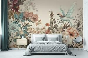 3d floreale murale sfondo con un' leggero semplice sfondo. rami di fiori, erbe aromatiche, uccelli, e montagne. moderno arte per parete casa arredamento, creare ai foto