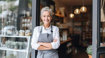 contento donna , piccolo attività commerciale proprietario nel casuale indossare grigio grembiule. illustrazione ai generativo foto