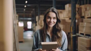 giovane donna progettista lettura libro mentre seduta a il officina. illustrazione ai generativo foto