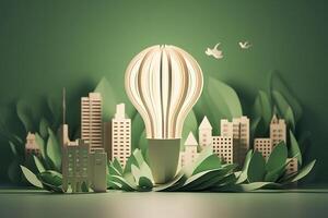 carta tagliare di leggero lampadina con verde eco città , rinnovabile energia di 2050 carbonio neutro energia o serra gas emissione co2 , Salva energia creativo idea concetto , generativo ai foto