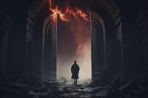 illustrazione di peccaminoso maledizione inferno cancello con Fumo e fiamma generativo ai foto